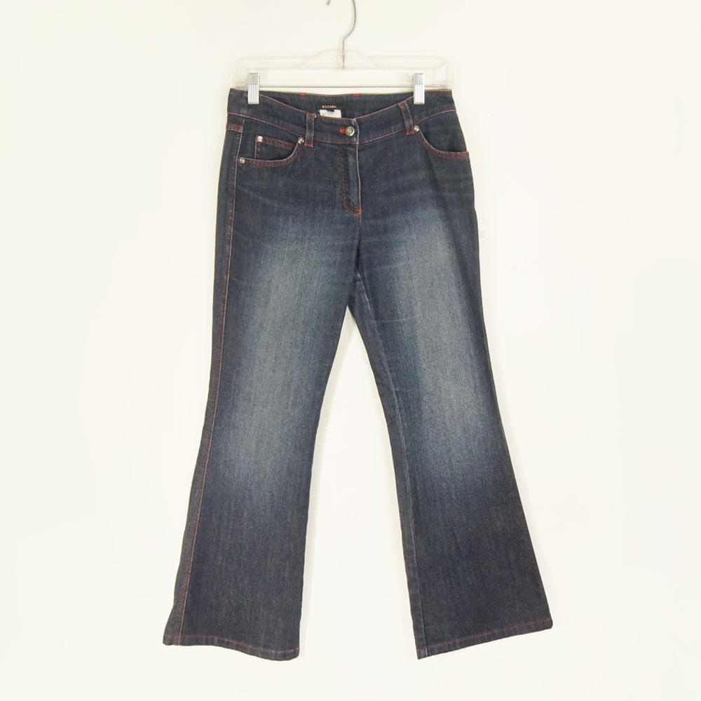 Vintage Y2K 2000s Escada Red Hem Sone Wash Blue Flare Wide Leg Denim Jeans